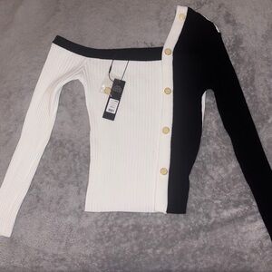 Fashion Nova Black and White Off-the-Shoulder Sweater